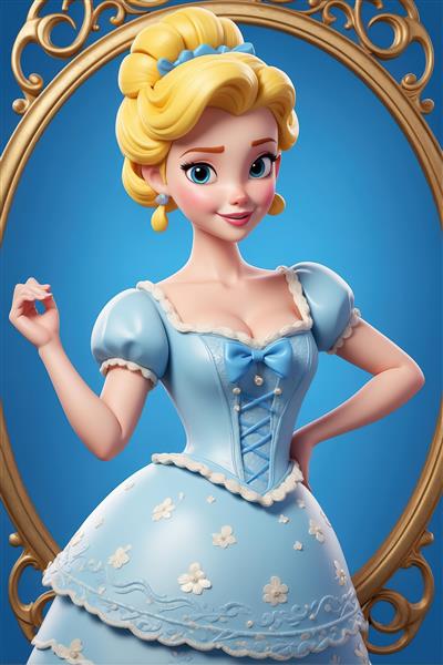 پرتره سیندرلا با لباس عروسکی آبی و قاب آینه طلایی، جزئیات لباس و کیفیت فوق‌العاده