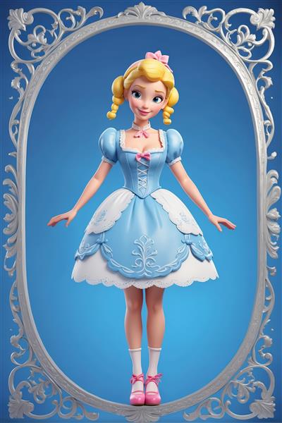 عروسک سیندرلا با جوراب‌های سفید و کفش صورتی، لباس فانتزی آبی در قاب آینه نقره‌ای