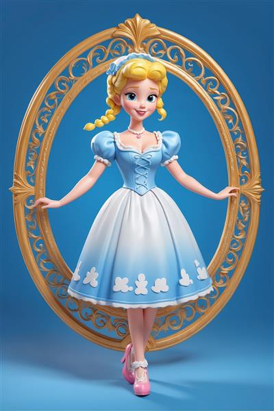 سیندرلا با موهای بافته در قاب طلایی، لباس رقص آبی و سفید، مناسب برای دکور و محصولات چاپی