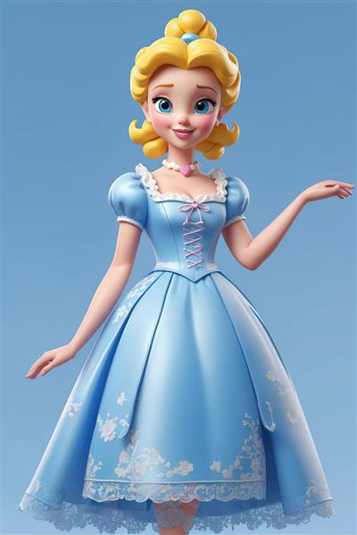عروسک سیندرلا با لباس پرنسسی آبی فانتزی و جزئیات توری، طرح هنری و باکیفیت برای چاپ