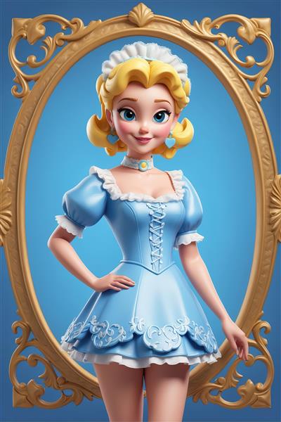 سیندرلا در قاب طلایی سلطنتی، لباس آبی مدل فانتزی و کوتاه، طرح ویژه پوستر و تابلو