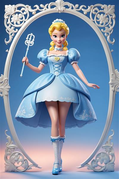 پرنسس سیندرلا در قاب آینه سفید، لباس آبی فانتزی و چوب دستی جادویی برای چاپ دکوراتیو