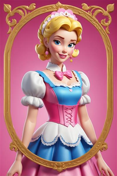 عروسک پرنسس با لباس آبی و صورتی در قاب طلایی: چهره شاد و دوست‌داشتنی