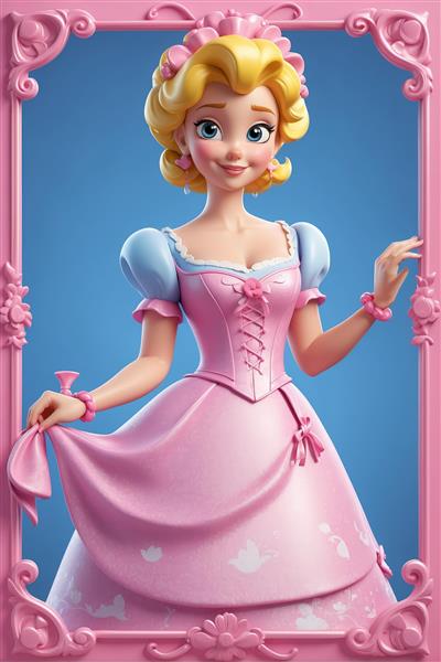 پرنسس صورتی در لباس مجلسی با قاب تزئینی: تصویر کارتونی جذاب