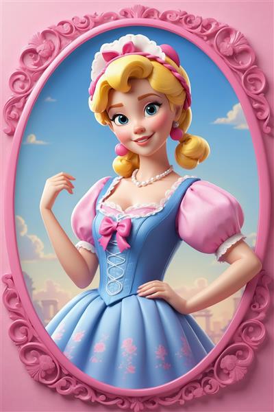 عروسک پرنسس کارتونی در قاب صورتی: بانوی زیبا با پس‌زمینه آسمان