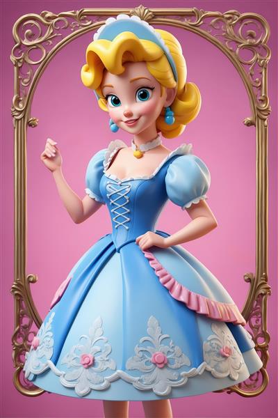 عروسک پرنسس آبی و صورتی در قاب طلایی: طراحی هنری و فانتزی