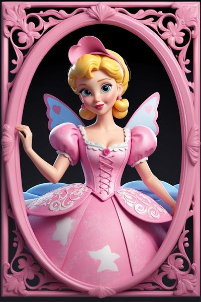 پرنسس بالدار صورتی در قاب بیضی: طرح گرافیکی عروسکی فانتزی