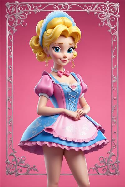 عروسک کارتونی بامزه در لباس آبی و صورتی: پرنسس کوچک با زمینه فانتزی