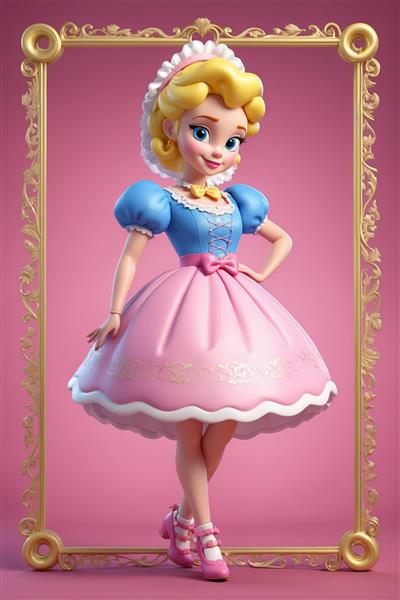 بو پیپ در لباس صورتی عروسکی و قاب طلایی روی پس‌زمینه صورتی (تصویر تمام‌قد و فانتزی)