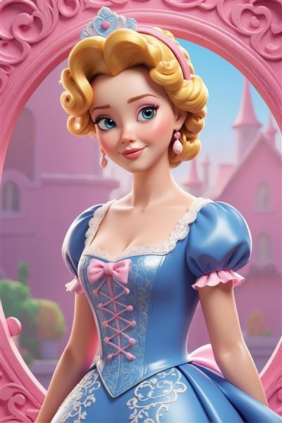 بو پیپ پرنسسی در نمای نزدیک با قلعه صورتی در پس‌زمینه (پرتره زیبا برای چاپ کودکانه)