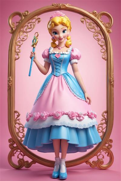 بو پیپ در لباس پرنسسی صورتی و آبی کامل با عصا در قاب بیضی طلایی (تصویر تمام‌قد و مجلسی)