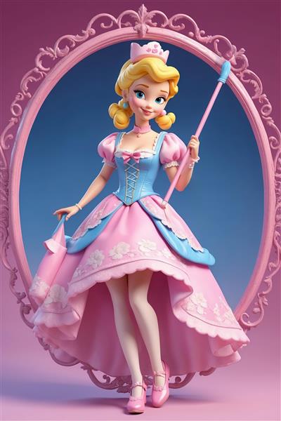 بو پیپ در لباس صورتی پرنسسی و تاج با قاب بیضی صورتی (عکس فانتزی و کودکانه با کیفیت بالا)