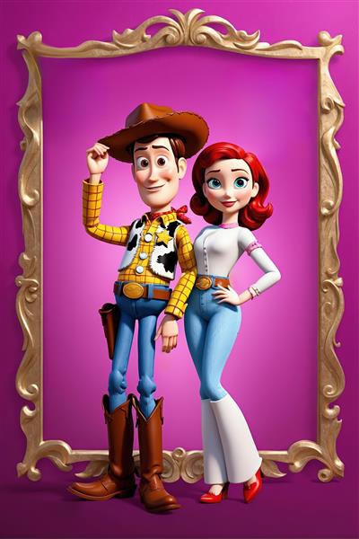 جسی و وودی با پیراهن کلاسیک کابوی، شلوار جین پاره و قاب طلایی (پرتره جذاب با لباس اصلی)