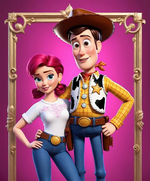 وودی و جسی با لباس مجلسی سفید در قاب بیضی قرمز و طلایی (تصویر رسمی و شیک با کیفیت بالا)