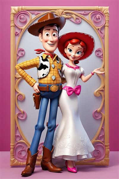 وودی و جسی در لباس مجلسی بلند سفید با پاپیون صورتی در قاب رمانتیک (عکس مناسب چاپ عروسی و دکور)