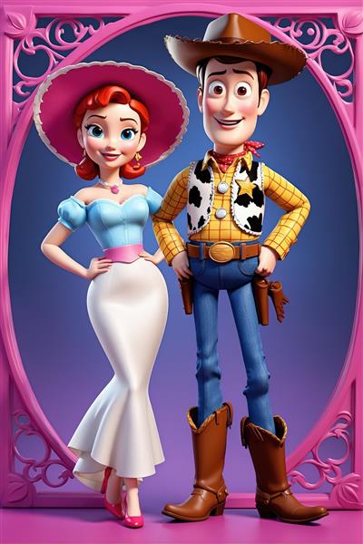 جسی در لباس مدرن سفید و آبی در قاب طلایی روی بنفش (پوستر باکیفیت و رنگارنگ)