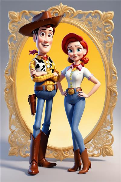 وودی و جسی با استایل کژوال در قاب بیضی طلایی با پس‌زمینه گرادیان زرد (تصویر سه‌بعدی برای چاپ دکور)