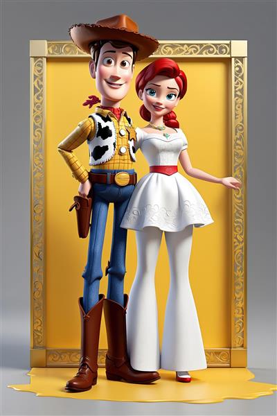 وودی و جسی در استایل رسمی و عروسکی روی پایه زرد با قاب مستطیلی (عکس هنری و خاص برای تابلوهای ویژه)