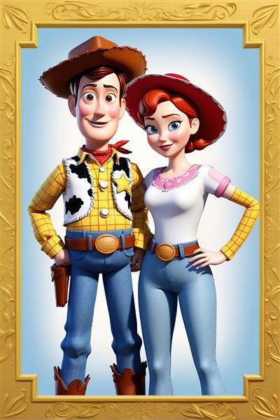 وودی و جسی با لباس‌های تنگ مدرن در قاب طلایی با پس‌زمینه آبی و سفید (تصویر تمام‌قد سه‌بعدی)