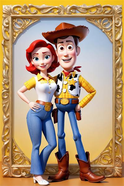 وودی و جسی با لباس مدرن و کلاسیک در قاب طلایی مربعی روی پس‌زمینه زرد (عکس باکیفیت برای محصولات چاپی)