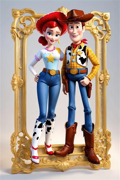 وودی و جسی با چکمه‌های خالدار و لباس ستاره‌ای در قاب طلایی بزرگ (عکس متفاوت و جذاب با کیفیت بالا)