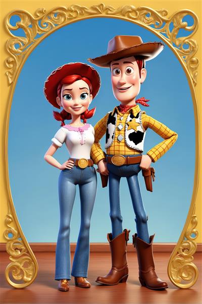 وودی و جسی با لباس‌های نیمه‌کژوال در قاب آرک طلایی روی پس‌زمینه آسمانی (تصویر سه‌بعدی برای دکوراسیون)