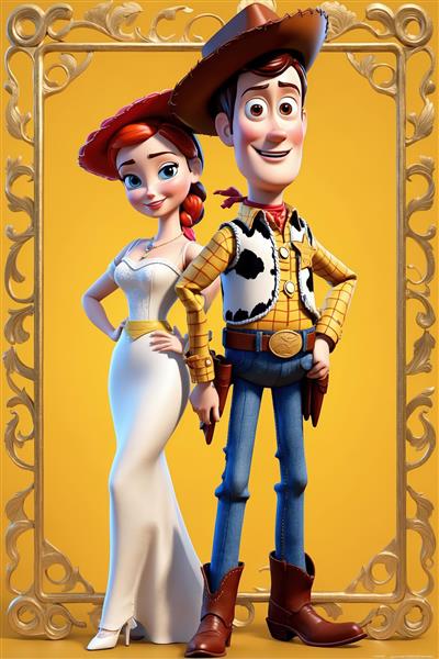 وودی با لباس کلاسیک و جسی با لباس مجلسی بلند سفید در قاب طلایی (عکس مجلسی با ایمپرشن بالا)