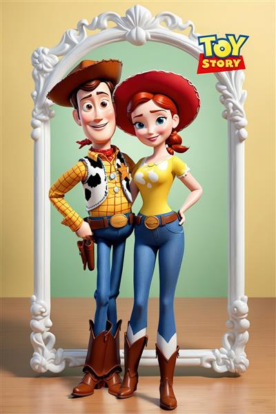 وودی و جسی با لوگوی در آینه سفید سلطنتی (پوستر باکیفیت و جذاب برای اتاق کودک)