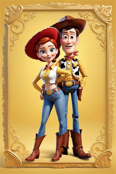 وودی و جسی با استایل مدرن کابوی در قاب طلایی و پس‌زمینه زرد (عکس اورجینال برای چاپ عریض)