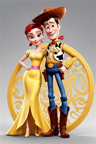 وودی و جسی با لباس زرد مجلسی در بک‌گراند طلاکوب دایره‌ای (تصویر سه‌بعدی باکیفیت بالا برای تابلو)