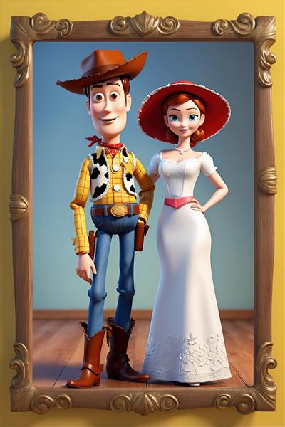 تصویر وودی و جسی با لباس عروس در قاب چوبی سلطنتی و پس‌زمینه زرد (عکس با ایمپرشن بالا برای محصولات خاص)