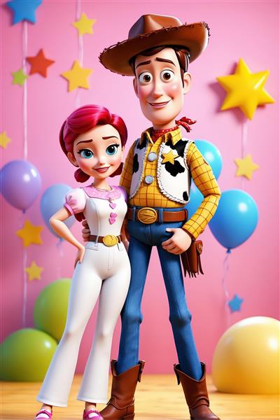 وودی و جسی در جشن تولد با بادکنک و ستاره روی پس‌زمینه صورتی (تصویر شاد و رنگی برای دکوراسیون)