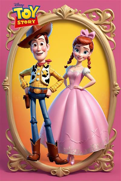 وودی و جسی در استایل پرنسسی و کابوی در قاب بیضی طلایی با پس‌زمینه زرد (عکس هنری سه‌بعدی برای چاپ عریض)