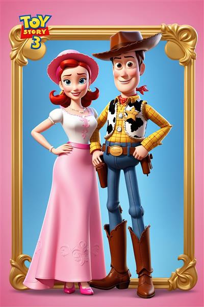 وودی و جسی با لباس بلند صورتی زنانه و قاب طلایی (پوستر باکیفیت با تم صورتی و آبی آسمانی)