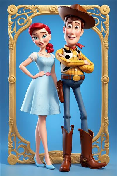 وودی و جسی در لباس مهمانی آبی روشن با قاب طلایی و پس‌زمینه آبی سلطنتی (کیفیت استثنایی برای چاپ دکوراتیو)