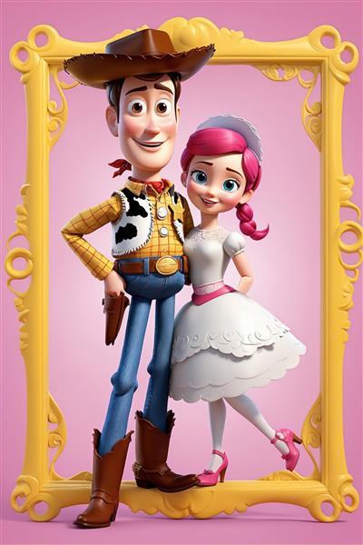 وودی و جسی با لباس عروسکی در قاب زرد و صورتی (عکس جذاب و متفاوت برای اتاق کودک)