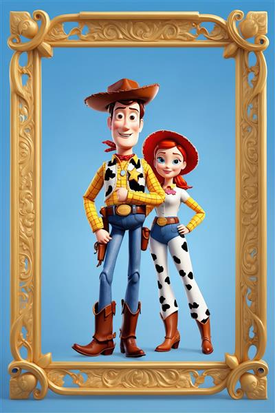 وودی با لباس کلاسیک و جسی با لباس گاوچرانی خالدار در قاب طلایی روی آبی (تصویر اورجینال برای تولید تابلو)