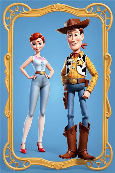 طرح ایستاده وودی و جسی با استایل مدرن در قاب طلایی و پس‌زمینه آبی (تصویر سه‌بعدی برای دکوراسیون)