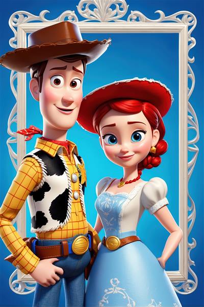 تصویر پرتره وودی و جسی در لباس آبی روستیک و قاب سفید سلطنتی (عکس باکیفیت بالا برای چاپ عریض)