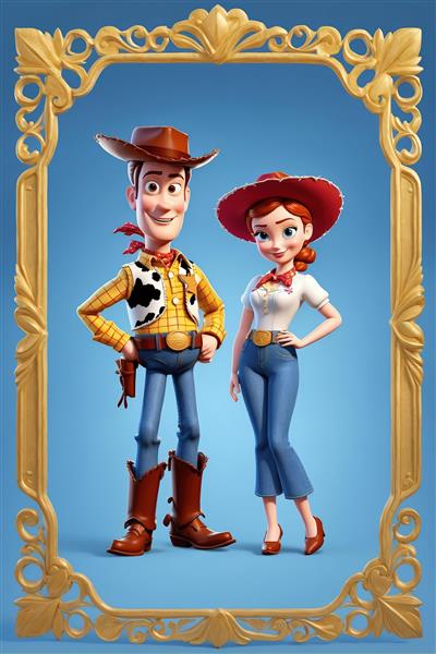 وودی و جسی در استایل کژوال با شلوار جین در قاب مستطیلی طلایی (تصویر مدرن سه‌بعدی برای چاپ)