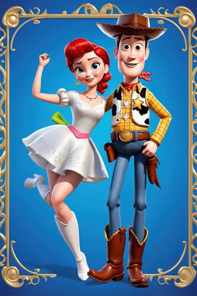 وودی و جسی در لباس‌های متفاوت (عروسی یا جشن) در قاب طلایی روی آبی (عکس هنری و فانتزی)