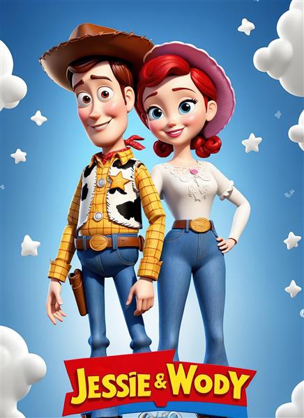 وودی و جسی با لوگوی در میان ابرها و ستاره‌ها (پوستر با ایمپرشن بالا و فضای آسمانی)