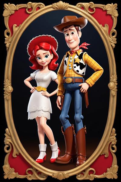 وودی و جسی با استایل رسمی در قاب بیضی سلطنتی قرمز و طلایی (تصویر سه‌بعدی با کیفیت استثنایی)