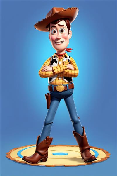 وودی در ژست قهرمانانه با لباس کلاسیک کابوی و پس‌زمینه آبی (عکس اورجینال برای چاپ عریض)