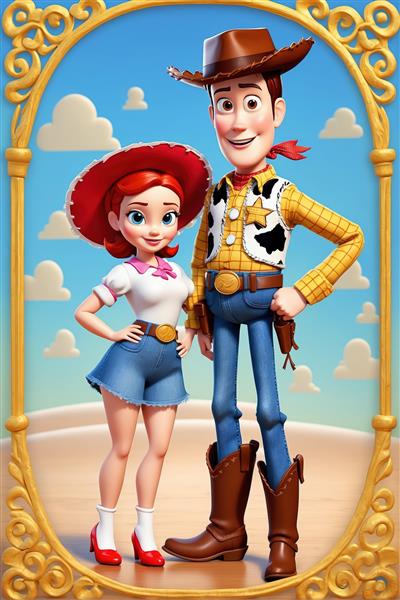 وودی و جسی با لباس‌های مدرن و شاد در فضای باز با قاب طلایی (تصویر دو نفره باکیفیت برای پوستر)