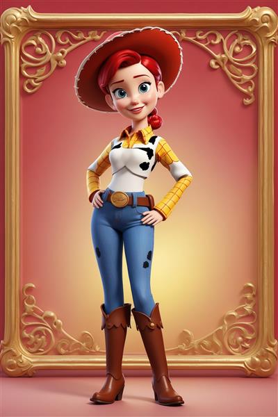 جسی با لباس زرد و نارنجی در قاب طلایی روی پس‌زمینه صورتی (عکس جذاب برای تولید محصولات چاپی)