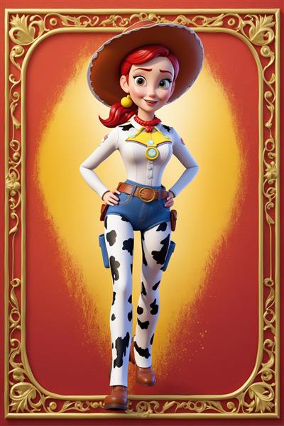 طرح ایستاده جسی انیمیشن با پس‌زمینه قرمز و زرد و قاب طلایی (عکس اورجینال برای تابلو)