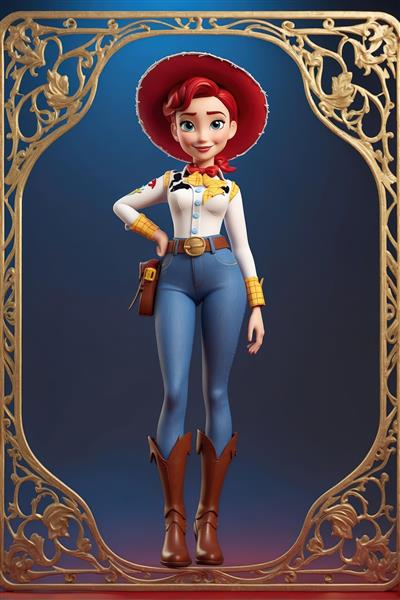 تصویر کامل جسی در لباس گاوچرانی با چکمه‌های بلند و کمربند در قاب طلایی سلطنتی (عکس اورجینال برای تولید محصول)