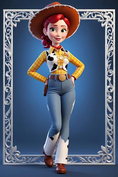 جسی انیمیشن با لباس کلاسیک گاوچرانی در قاب نقره‌ای با پس‌زمینه آبی تیره (مناسب چاپ تابلوهای دکوراتیو)