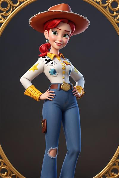 پرتره جسی در قاب بیضی طلایی با شلوار جین پاره و بلوز کاوبوی (عکس باکیفیت سه‌بعدی برای چاپ)